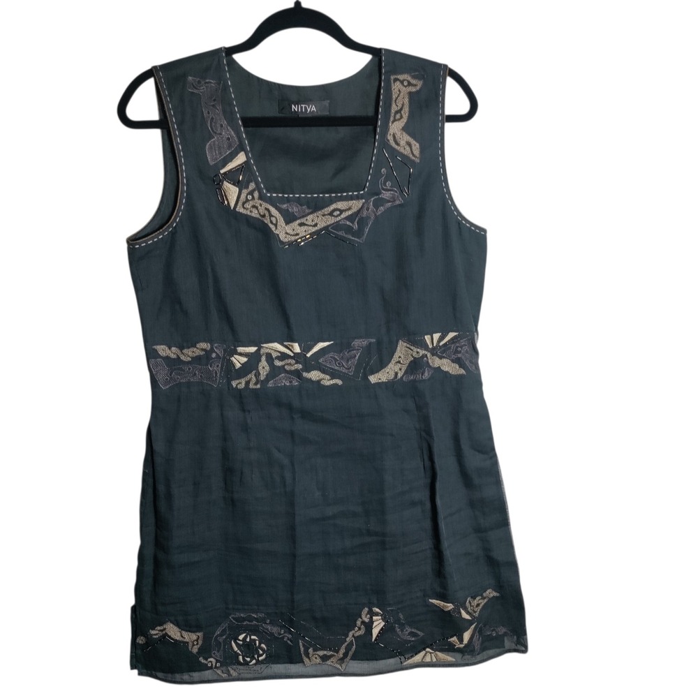 Nitya Women Black Cotton Silk Trim Embroidered Sleeveless Tunic Top Size 42